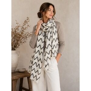 MIR Cashmere Wool Chevron Scarf Wrap Shawl Ivory Black 76" Oversized